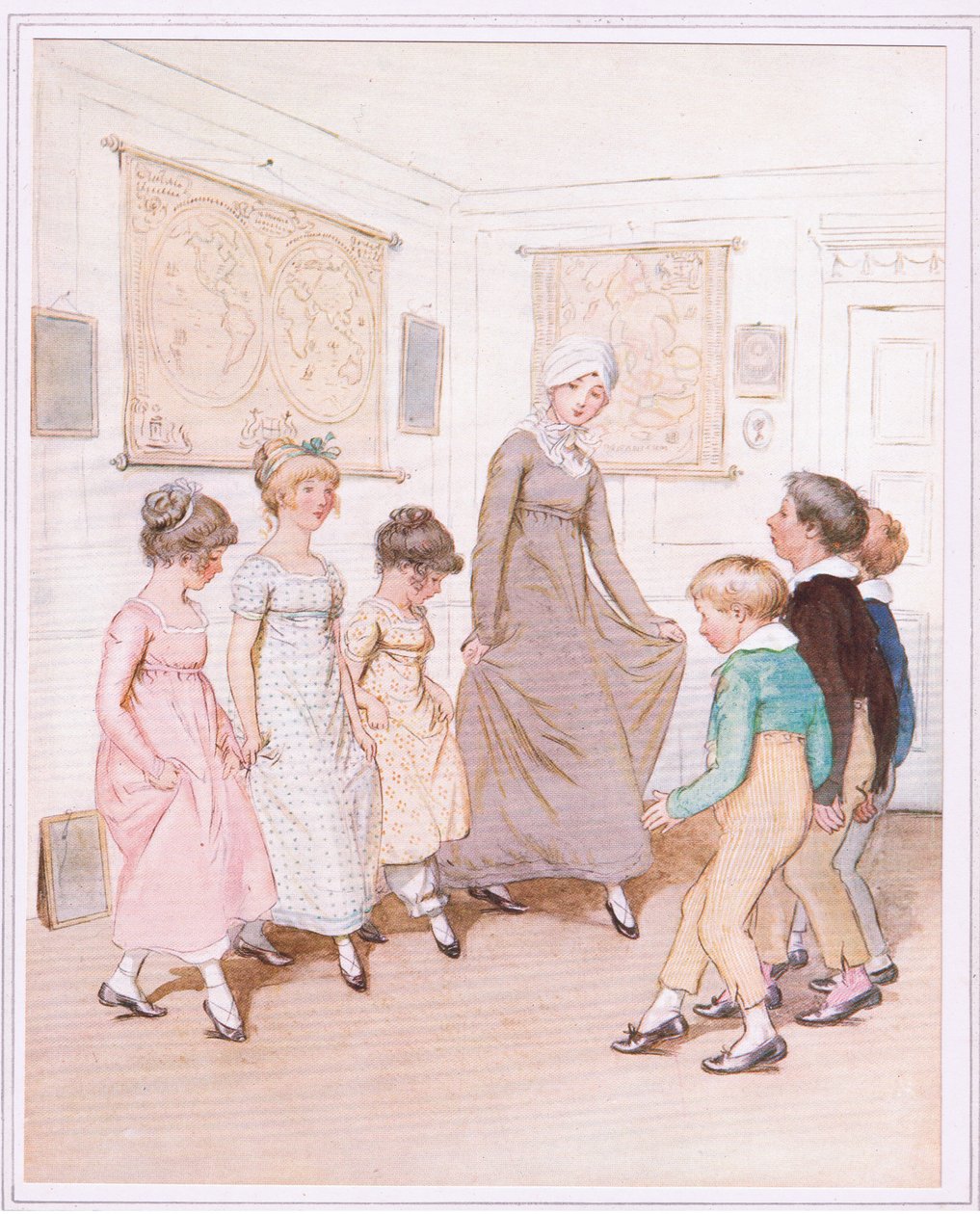 Miss Phoebe está dando uma aula de dança para meia dúzia de alunos e está fazendo o melhor possível. de Hugh Thomson