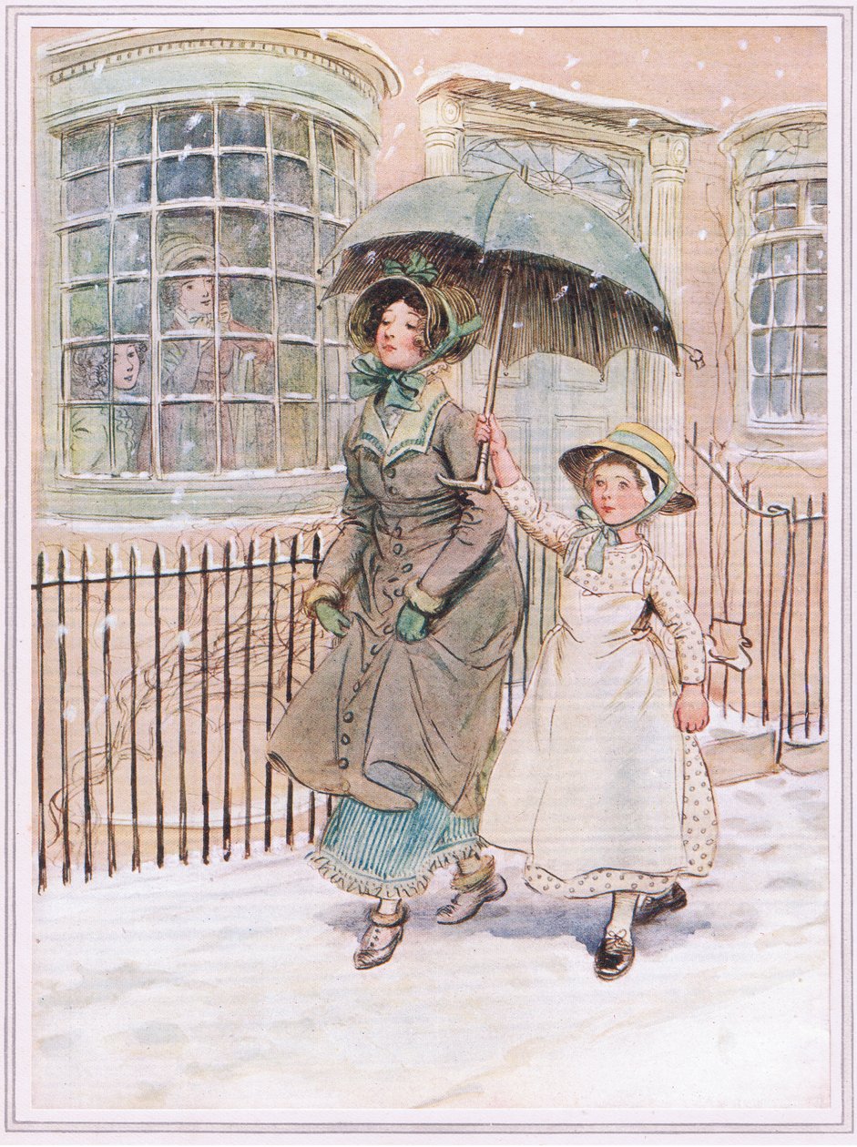 De vez em quando as senhoras passam suas patas, uma empregada talvez as proteja com um guarda-chuva, pois flocos de neve caem discretamente. de Hugh Thomson