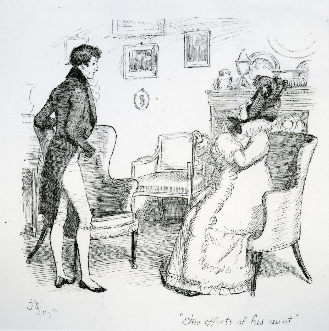 "Os esforços de sua tia", ilustração de "Pride und Prejudice", de Jane Austen, edição publicada em 1894 de Hugh Thomson