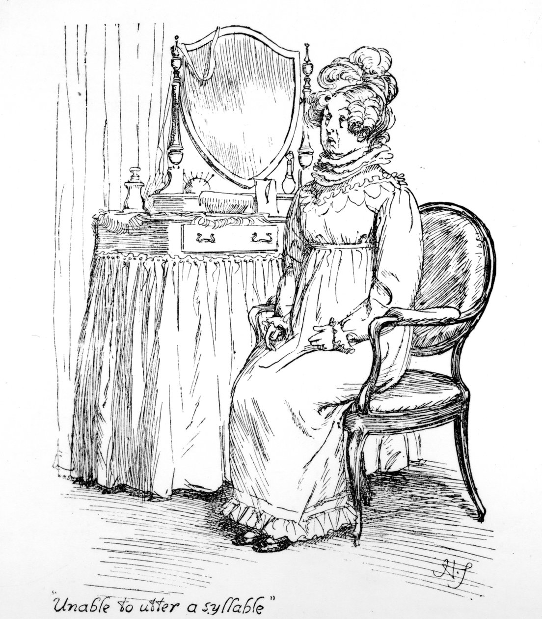 "Incapaz de pronunciar uma sílaba", ilustração de "Orgulho e Preconceito" de Jane Austen, edição publicada em 1894 de Hugh Thomson