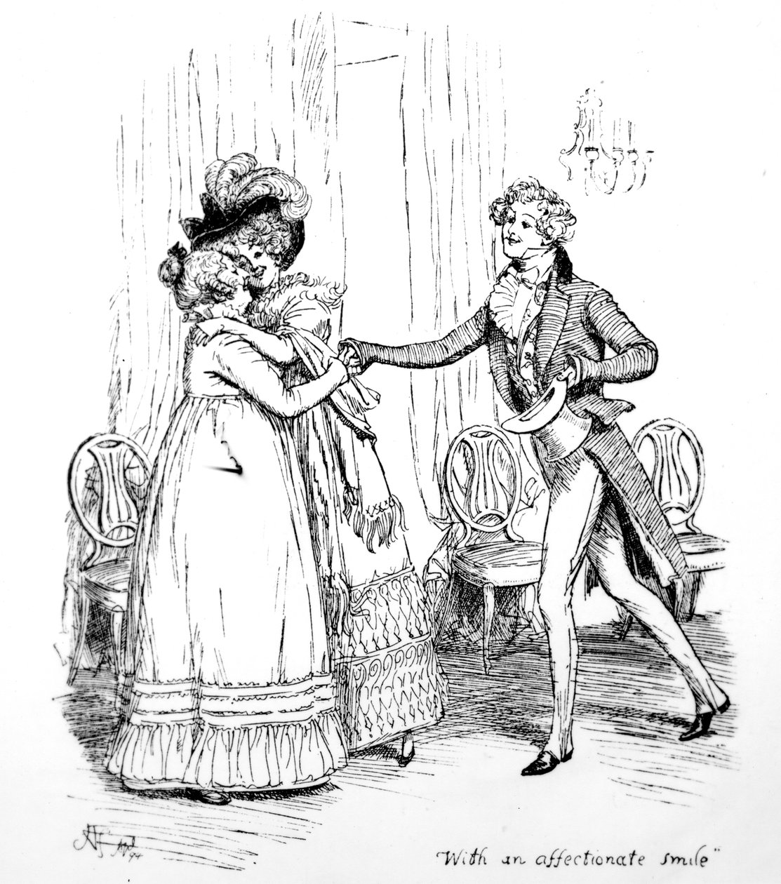 &39;Com um sorriso carinhoso&39;, ilustração de &39;Pride und Prejudice&39; de Jane Austen, edição publicada em 1894 de Hugh Thomson