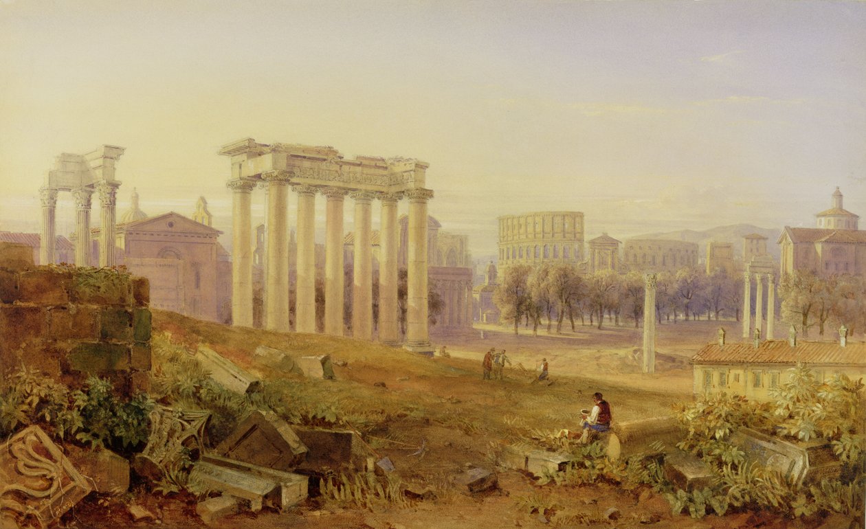 Através do Fórum, Roma, 1828 (wc e guache sobre grafite sobre papel) de Hugh William Williams