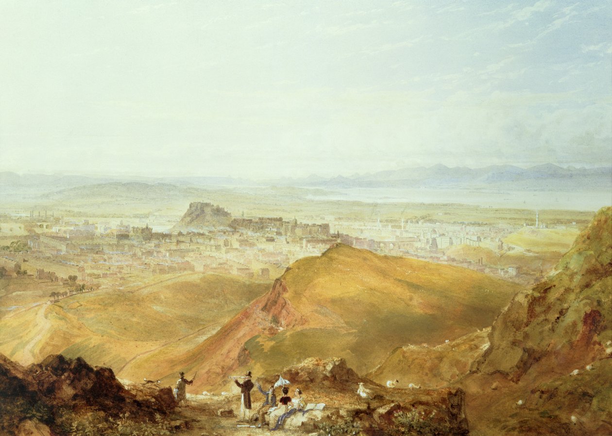 Vista de Edimburgo do assento de Arthur (aguarela sobre papel) de Hugh William Williams