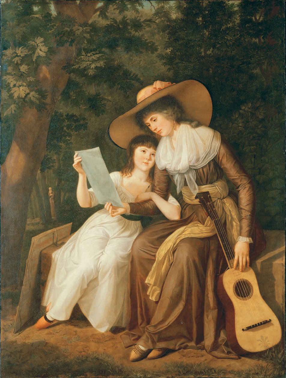 Retrato duplo de Maria, condessa de Erne, com sua filha Lady Caroline Crichton, mais tarde Lady Wharncliffe, corpo inteiro, sentada, a primeira em um vestido marrom com uma faixa amarela, usando uma grande palha de Hugh Douglas Hamilton
