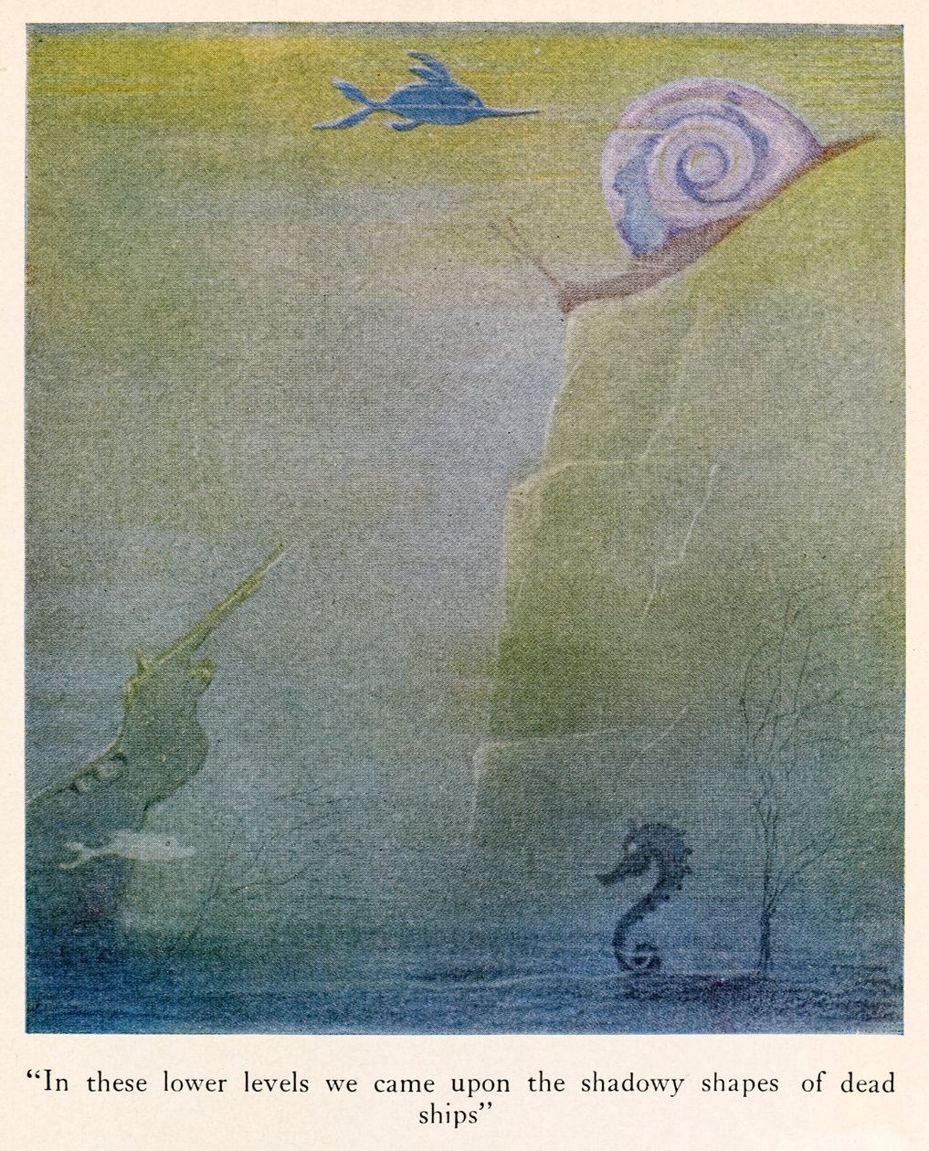 "Nestes níveis mais baixos encontramos as formas sombrias de navios mortos" ilustração de The Voyages of Doctor Dolittle de Hugh Lofting