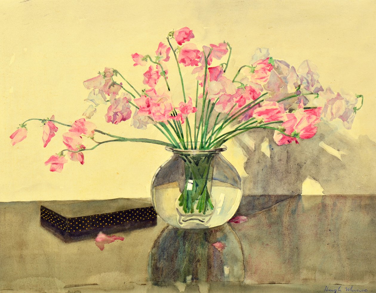 Ervilhas doces em uma tigela de vidro (aquarela) de Hugh Munro