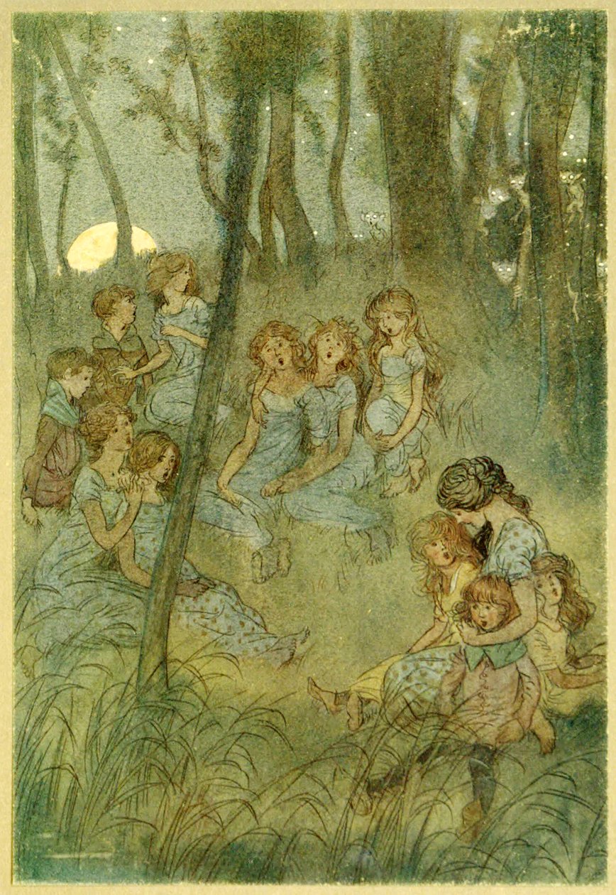 E as fadas campestres noturnas, olhem, cantem, de The Merry Wives of Windsor, pub. 1910 de Hugh Thomson