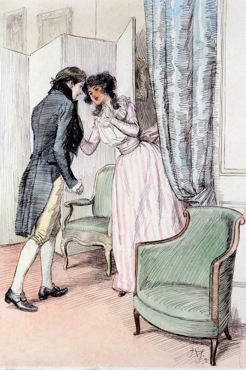 Tirando-lhe um pouco de lado, ilustração de &39;Sense and Sensibility&39;, de Jane Austen, publicada em 1895 (caneta e papel) de Hugh Thomson