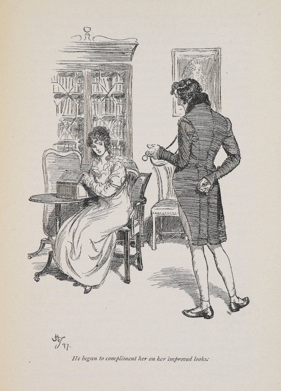 Começou a elogiá-la pela sua aparência melhorada", para Jane Austen romance 1897 (gravura) de Hugh Thomson