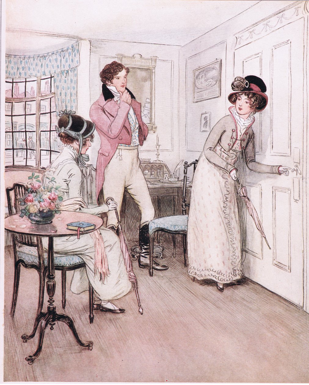 A srta. Henrietta e a srta. Fanny, encorajadas por essa simpatia, aproximam-se da porta da câmara interessante da cama. de Hugh Thomson