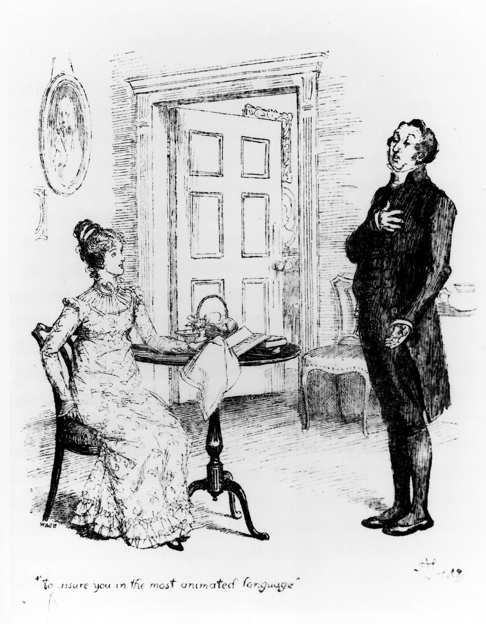 Sr. Collins e Elizabeth, de "Orgulho e Preconceito" por Jane Austen (1775-1817) c.1894 (gravura) (foto bw) de Hugh Thomson
