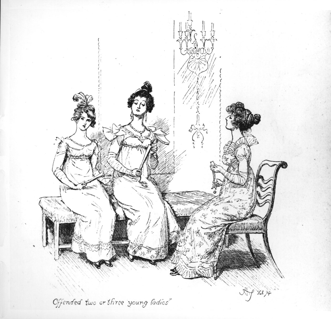 &39;Ofendido duas ou três jovens senhoras&39;, as irmãs Bingley de &39;Orgulho e Preconceito&39; de Jane Austen, 1894 (gravura) (foto bw) de Hugh Thomson