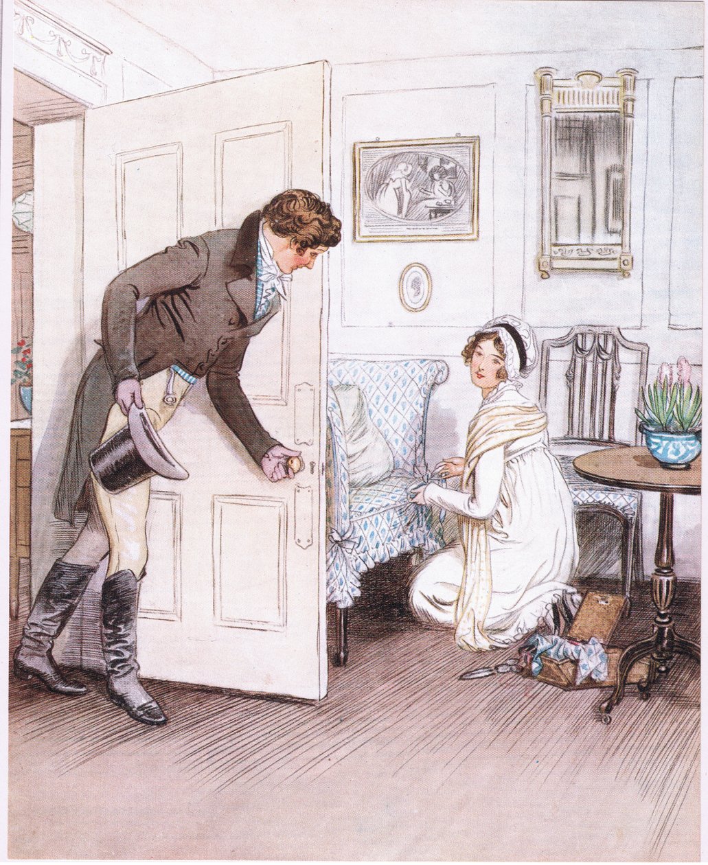Valentine: "Para vê-la de joelhos, decorando as pequenas pernas do sofá com folhos como se fosse uma criança". (litho) de Hugh Thomson