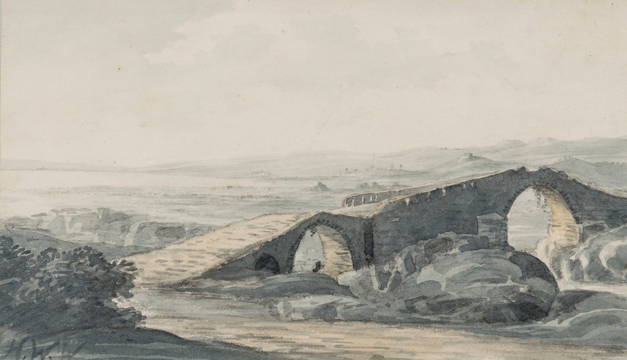 Devils Bridge, olhando para o mar, rio Anda, c.1818 (wc no papel) de Hugh William Williams