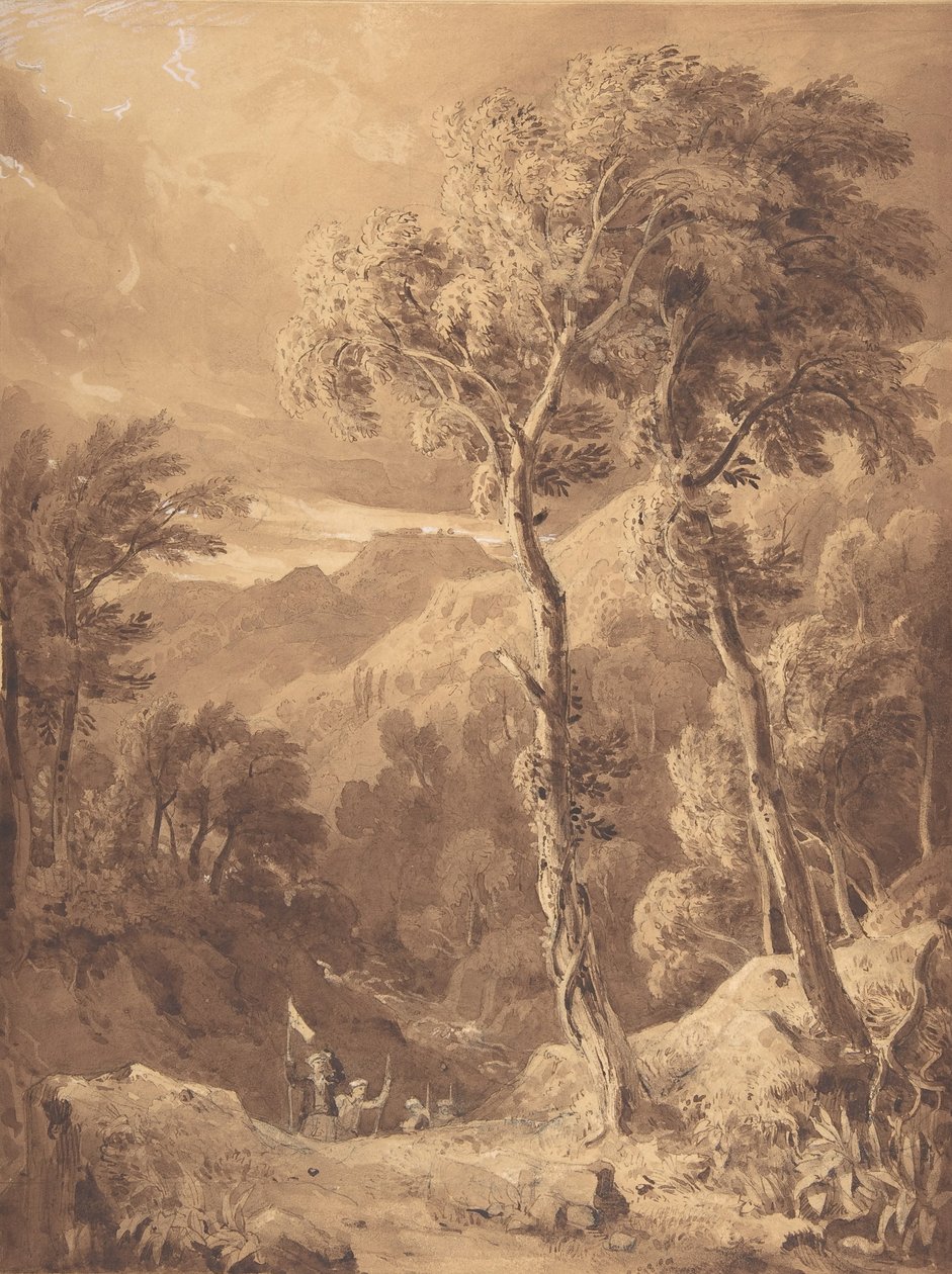 Paisagem montanhosa com cena de festa de viajantes no rio Pellene Achaia, 1818-29. de Hugh William Williams