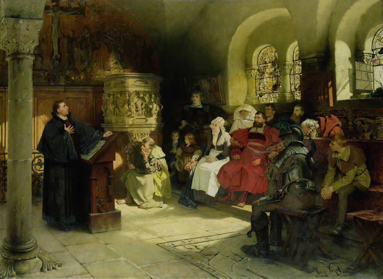 Lutero Prega Usando Sua Tradução Bíblica enquanto Preso em Wartburg, 1882 de Hugo Vogel
