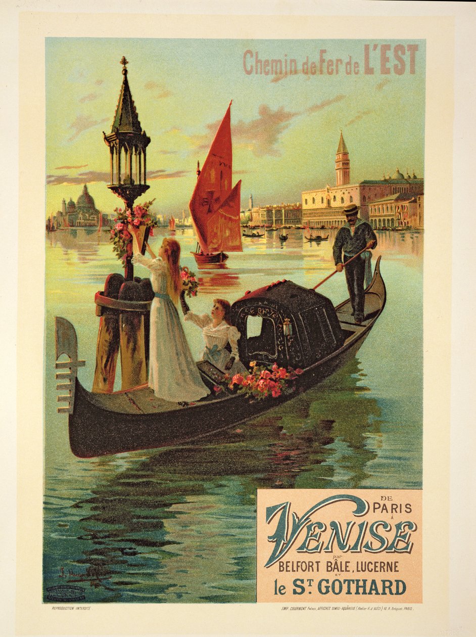 Reprodução de um cartaz publicitário da Ferrovia Oriental de Paris a Veneza de Hugo d