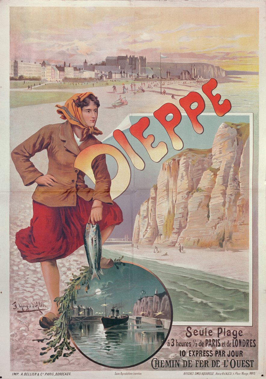 Cartaz de ferrovias francesas anunciando as atrações de Dieppe, c.1896 de Hugo dAles