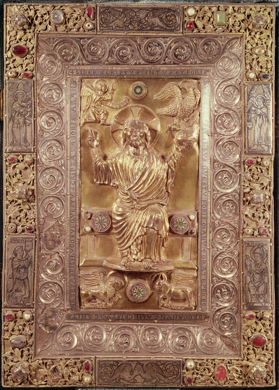Cristo em Majestade entre os símbolos dos Evangelistas, c.1228 (prata, pedra fina e esmalte) de Hugo d Oignies
