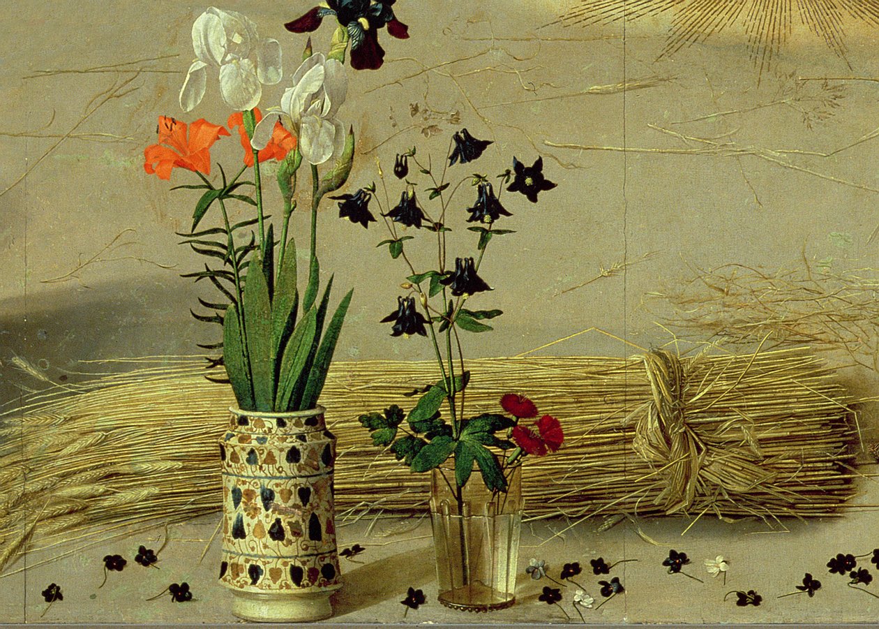 Detalhe da flor, do painel central do Retábulo de Portinari, c.1479 (detalhe de 9619) de Hugo van der Goes
