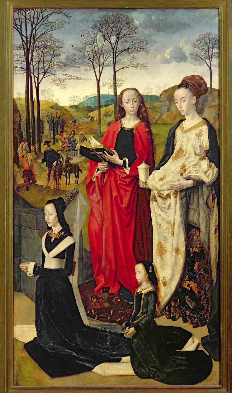 O Retábulo de Portinari, Santa Maria Madalena e Santa Margarida com Maria Baroncelli e Filha Margherita Portinari, Direita, c.1479 de Hugo van der Goes