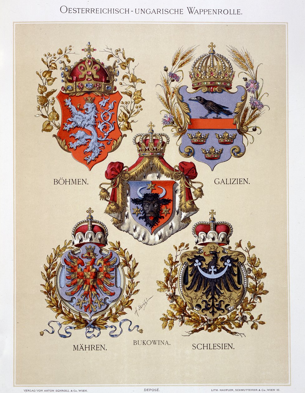 Brasões de armas do Império Austro-Húngaro, de &39;Heraldischer Atlas&39; pelo artista, 1899 de Hugo Gerard Strohl