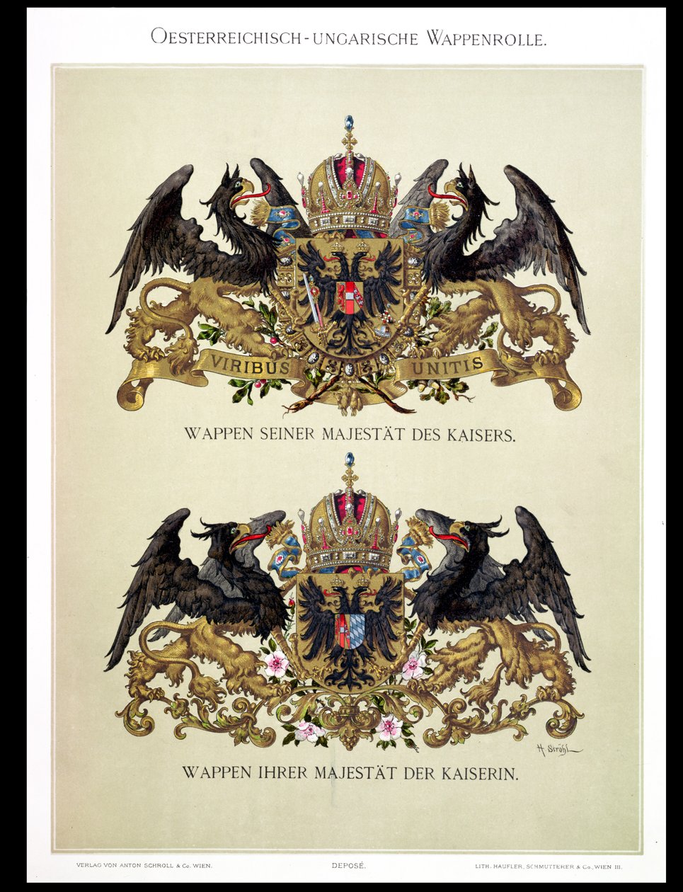 Placa com os brasões do Imperador Franz Joseph I (1830-1916) e Imperatriz Isabel da Baviera (1837-98) de &39;Heraldischer Atlas&39; pelo artista, 1899 de Hugo Gerard Strohl