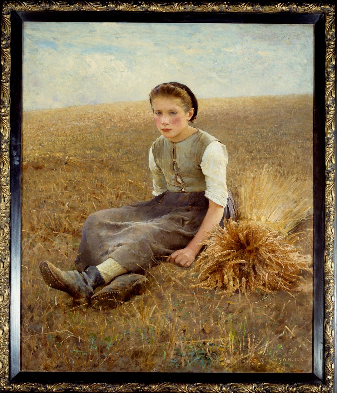 Um pequeno camponês sueco sentado no feno. Pintura de Hugo Salmson (1844-1894) 1886 Sol. 1,34x1,10 m Nantes, musee des Beaux Arts - O pequeno respigador. Um pequeno camponês sueco sentado no feno. Pintura de Hugo Salmson (1844-1894) de Hugo Salmson