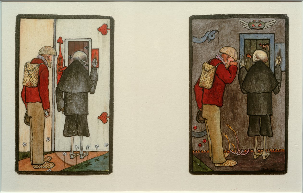 Camponês e morte diante dos portões do céu e do inferno de Hugo Simberg