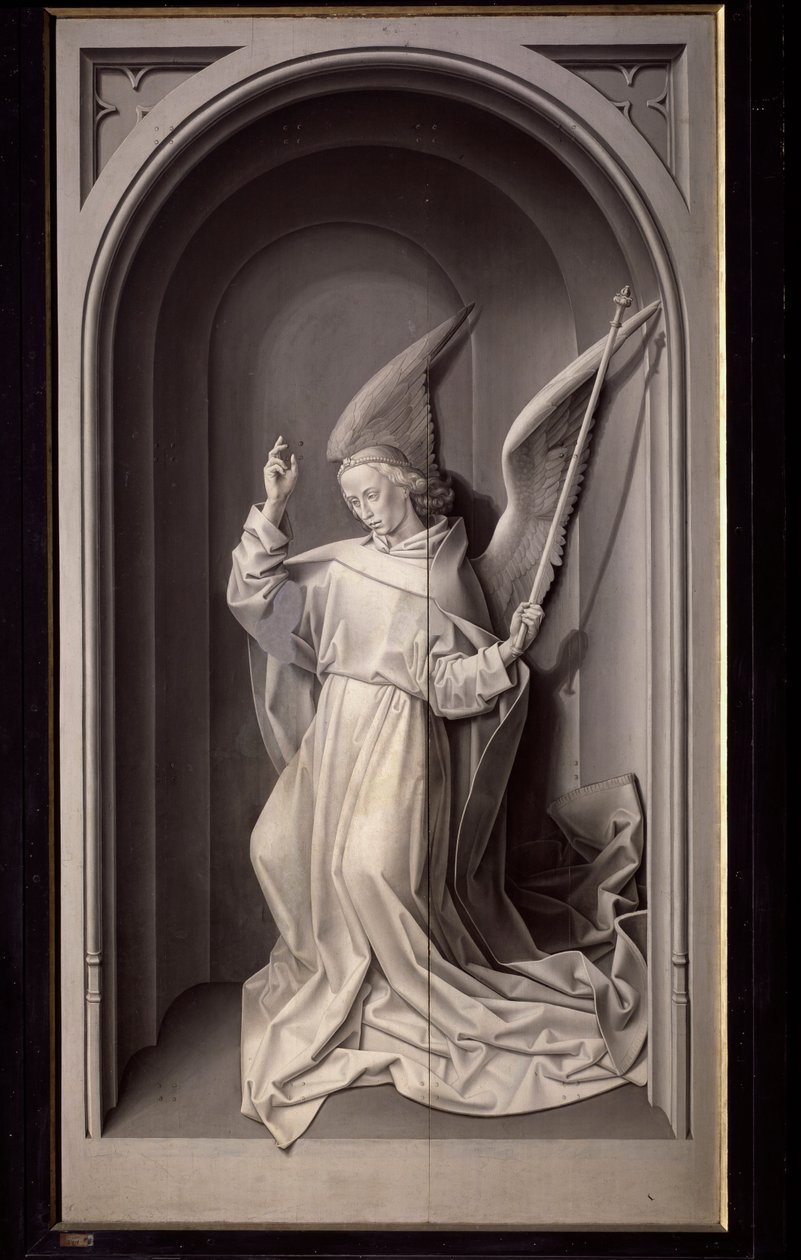 Anjo da Anunciação, Painel Exterior do tríptico Portinari - óleo sobre painel, c.1475 de Hugo van der Goes