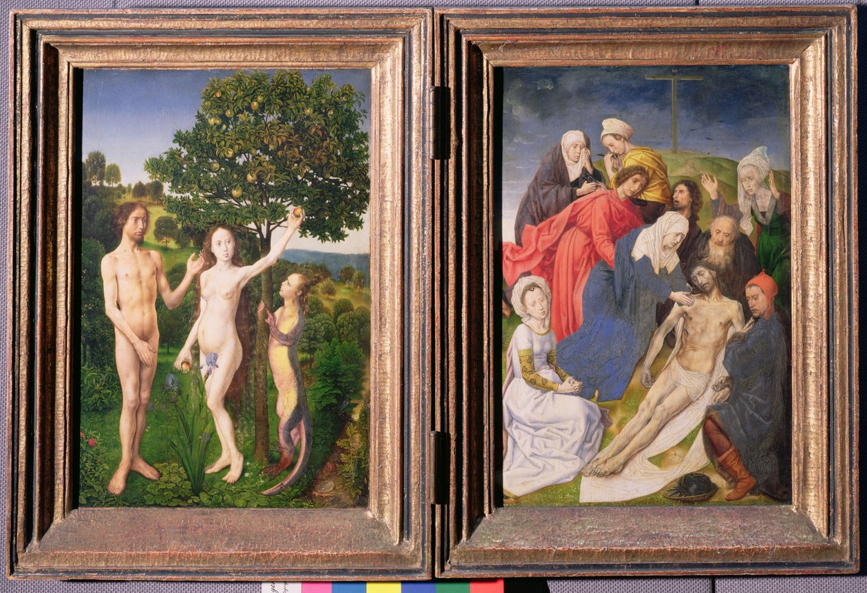 Díptico: A queda do homem (Adão e Eva, serpente e maçã) e a descida de Jesus da cruz (depois de 1479) de Hugo van der Goes