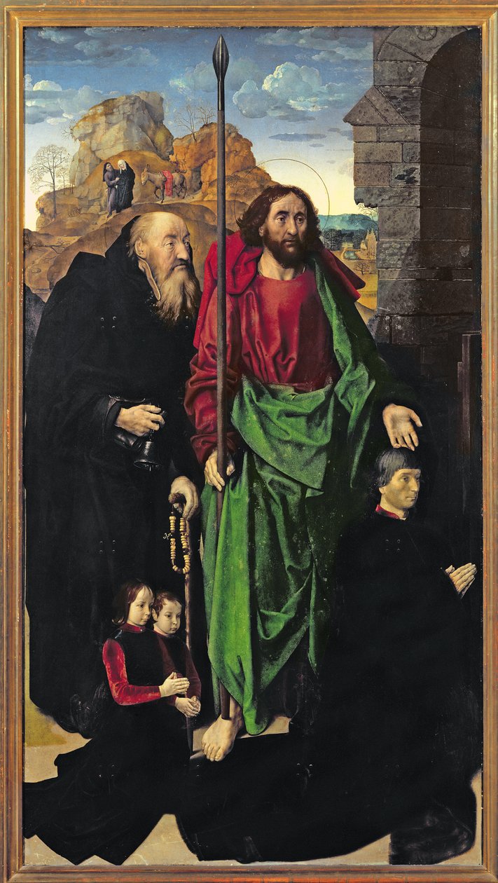 O Retábulo de Portinari, São Tomás e Santo Antônio, o Eremita, com Tommaso Portinari e dois filhos Antonio e Pigello, Esquerda, c.1479 de Hugo van der Goes