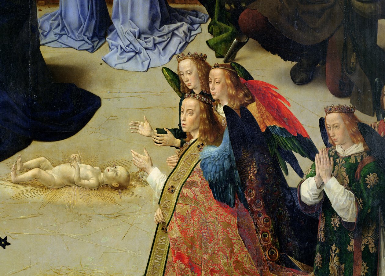 O retábulo de Portinari, detalhe dos quatro anjos e o bebê, c.1475 óleo no detalhe do painel de 9619 de Hugo van der Goes