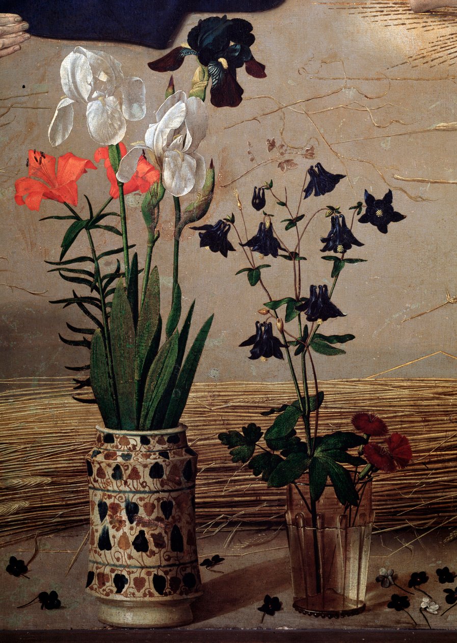 Tríptico Portinari: detalhe central das flores - óleo sobre painel de Hugo van der Goes