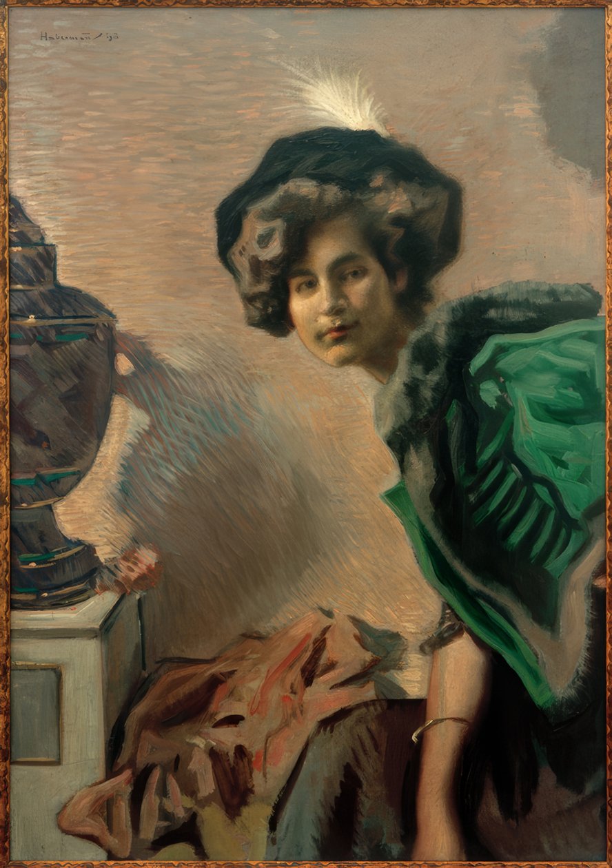 Retrato de uma mulher (no Dolman verde) de Hugo von Habermann