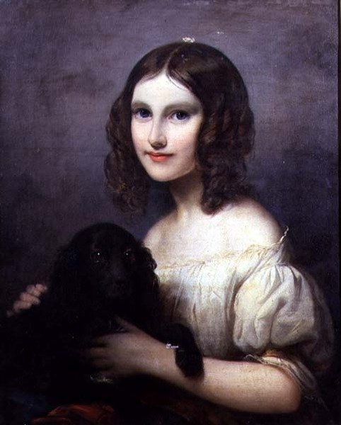 Retrato de uma jovem com o seu cão de estimação de Hugues Merle