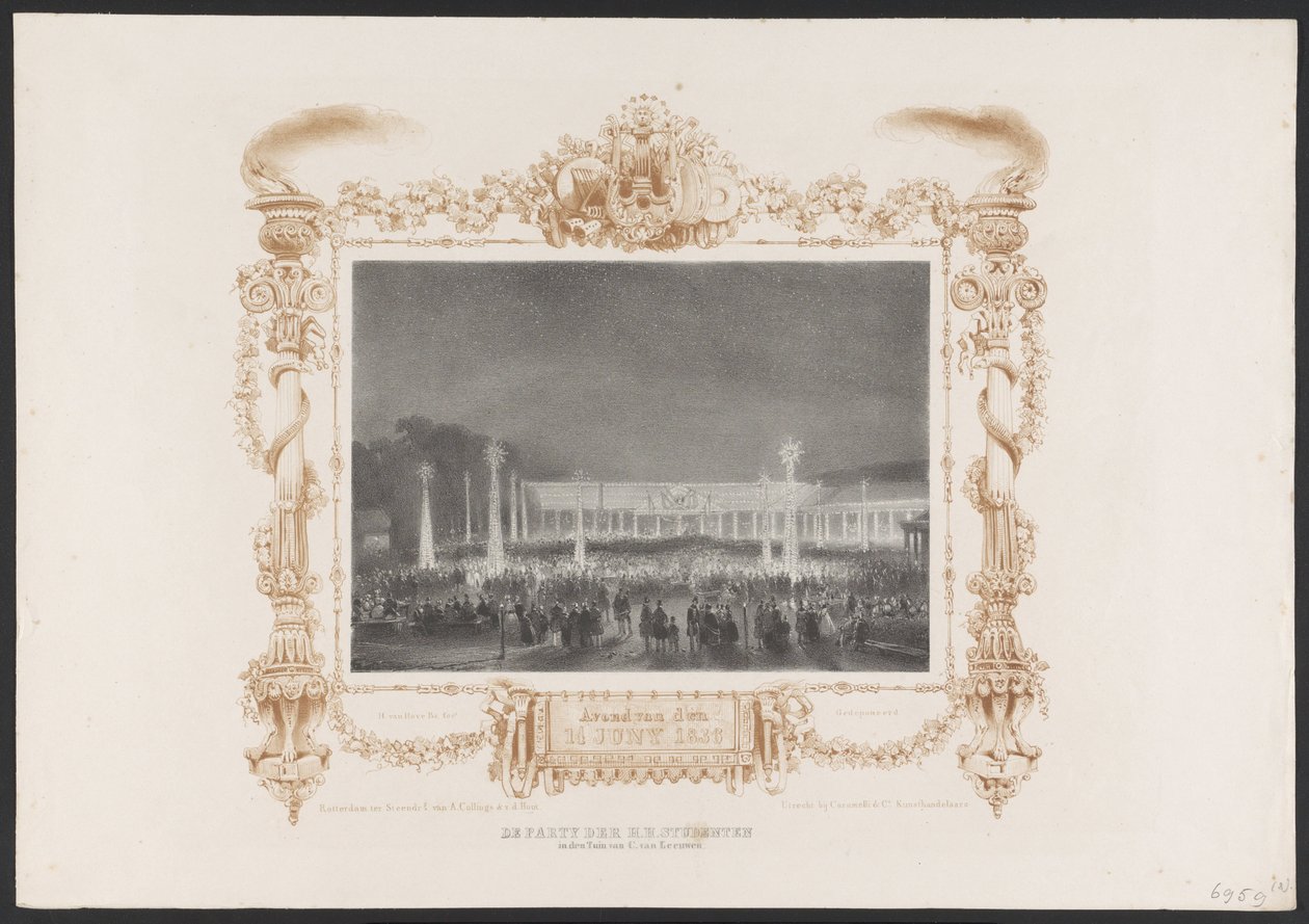 Festa nocturna para os estudantes, 1836
De Party der H.H. Studenten in den Tuin van C. van Leeuwen / Noite de 14 de Junho de 1836 (título sobre o objecto)
Placas da celebração do segundo centenário da Universidade de Utrecht, 1836 (título da série) de Huib van Hove Bz