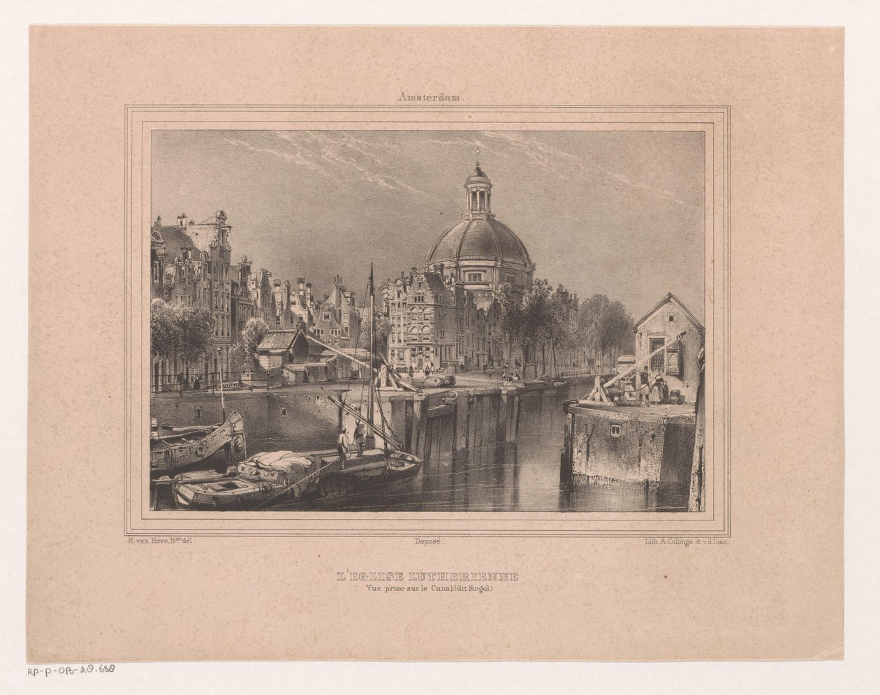 Gezicht op de Stromarkt, het Singel en de Lutherse kerk A Igreja Luterana. Vista tirada no Canal (conhecido como Singel) (título no objeto) Lembrança de Amsterdã Oito vistas desenhadas e litografadas da natureza por H. van Hove Bz. (título da série) de Huib van Hove Bz