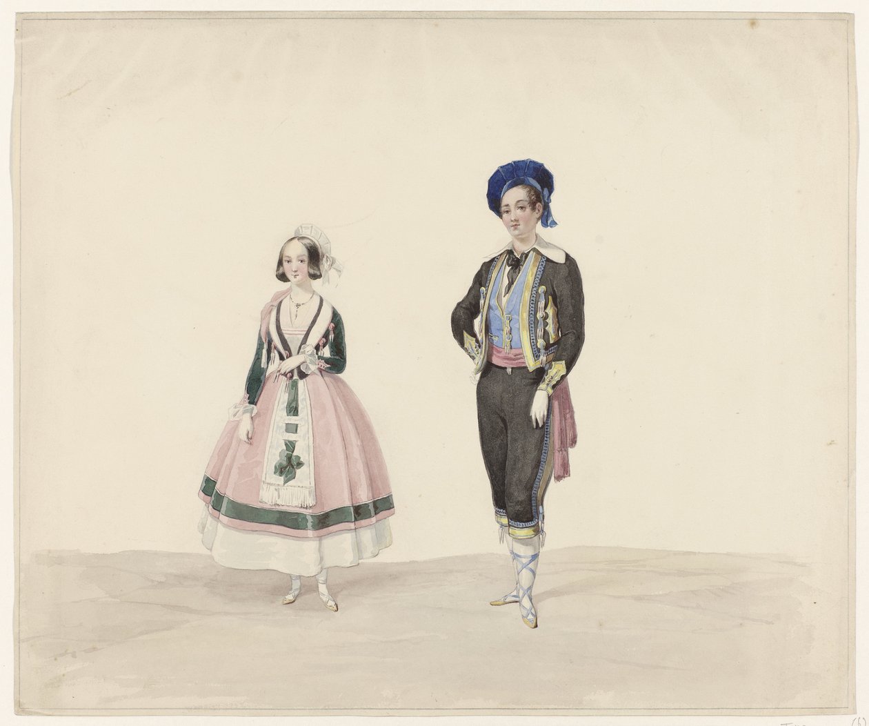 Homem e mulher em trajes históricos, 1841 Seis aquarelas de trajes históricos para o baile à fantasia em 1841 (título da série) de Huib van Hove Bz