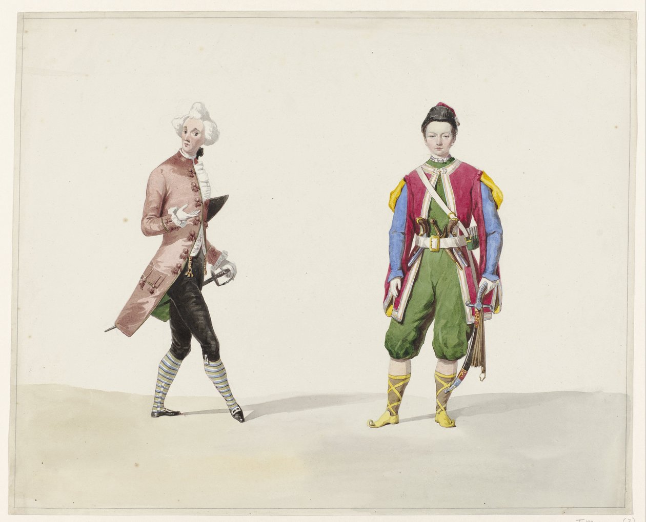 Dois homens em trajes históricos, 1841 Seis aquarelas de trajes históricos para o baile à fantasia em 1841 (título da série) de Huib van Hove Bz