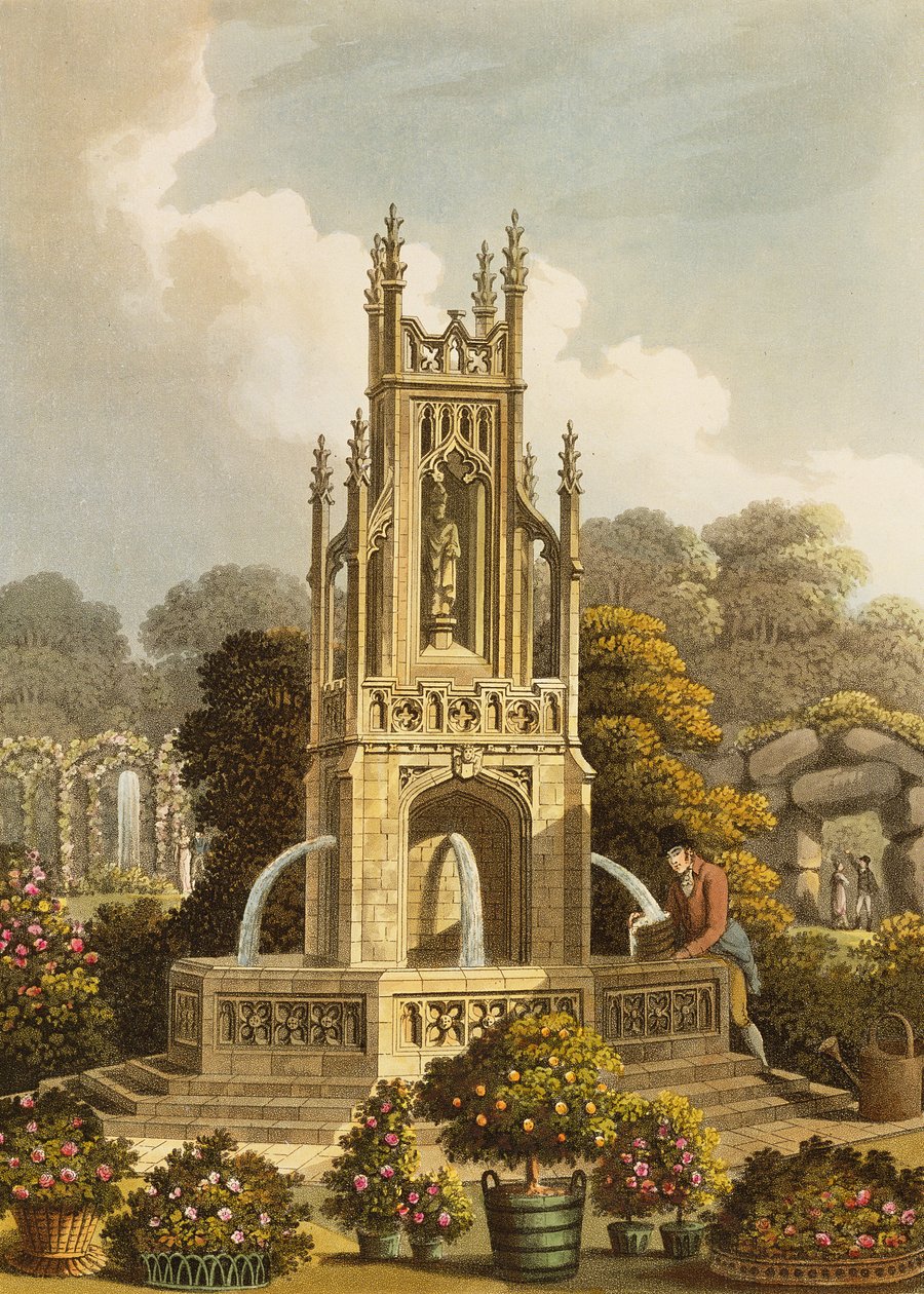 Projeto para um eletroduto, proposto em Ashridge, com visão distante do rosário e jardim do monge, de "Fragmentos sobre a teoria e prática da jardinagem paisagem", pub. 1816 de Humphry Repton