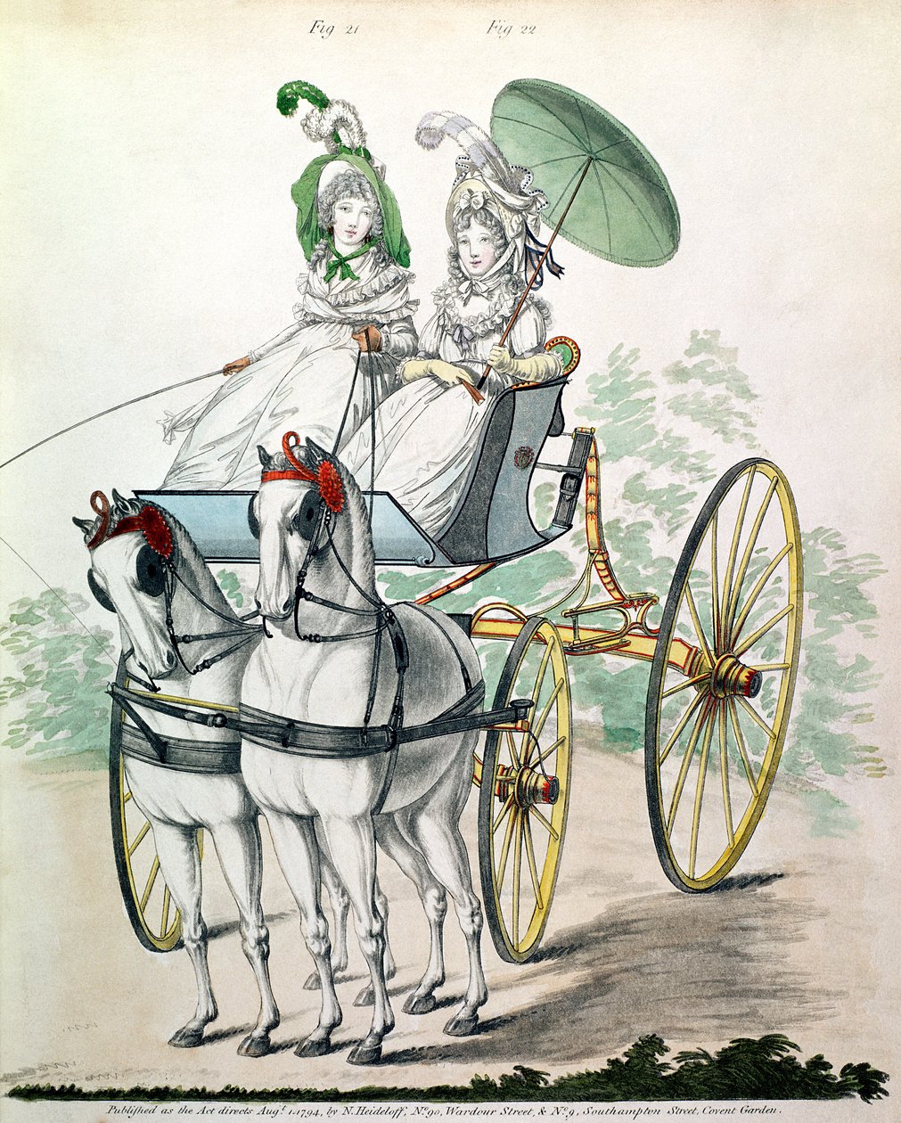 Duas jovens senhoras em vestidos de chita, tomando um ar em um faeton, da &39;Galeria da Moda&39; de Humphry Repton