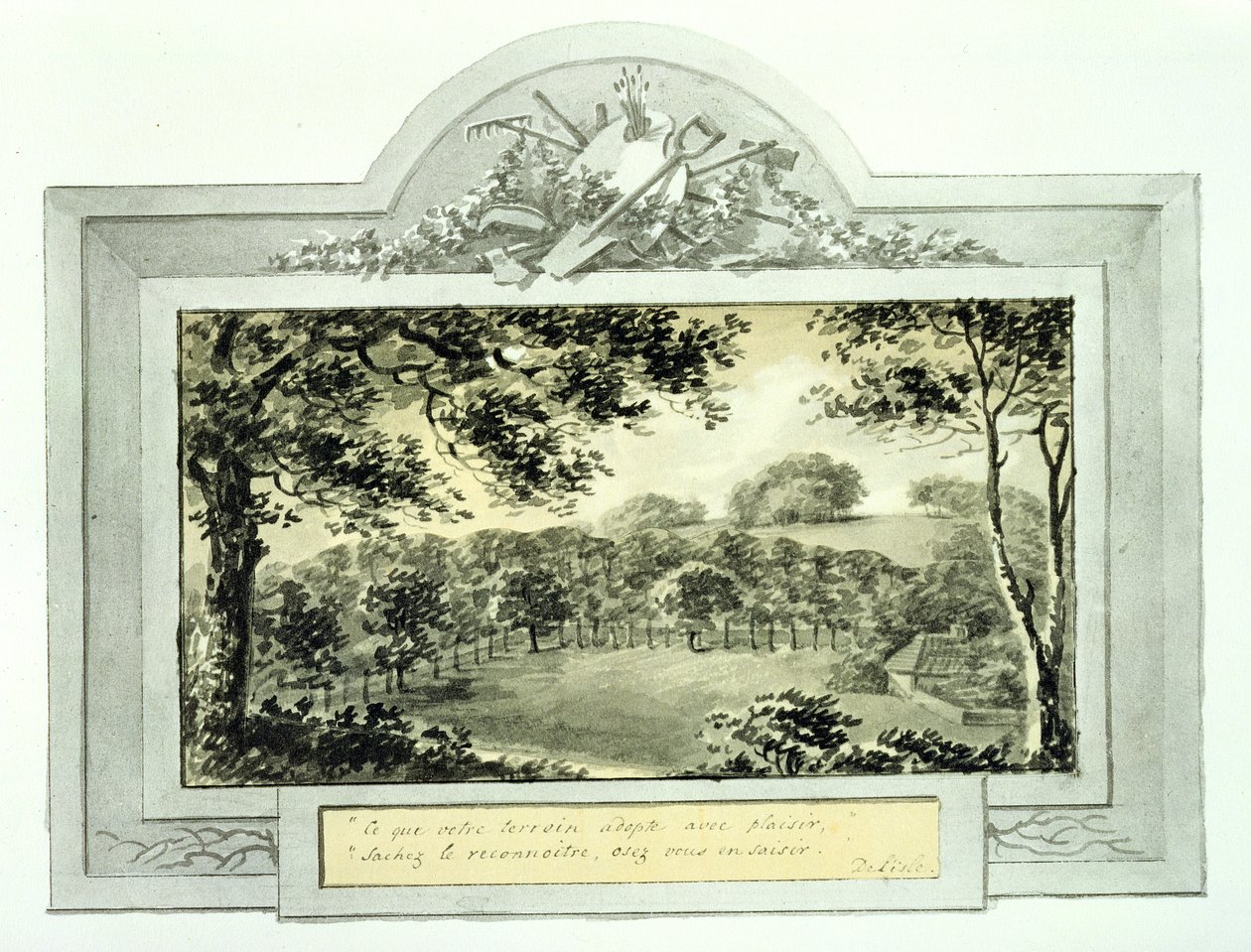 "Depois" da vista do terreno, do Livro Vermelho de Antony House, c.1812 (tinta sobre papel) (ver 170692 para ver "antes") de Humphry Repton