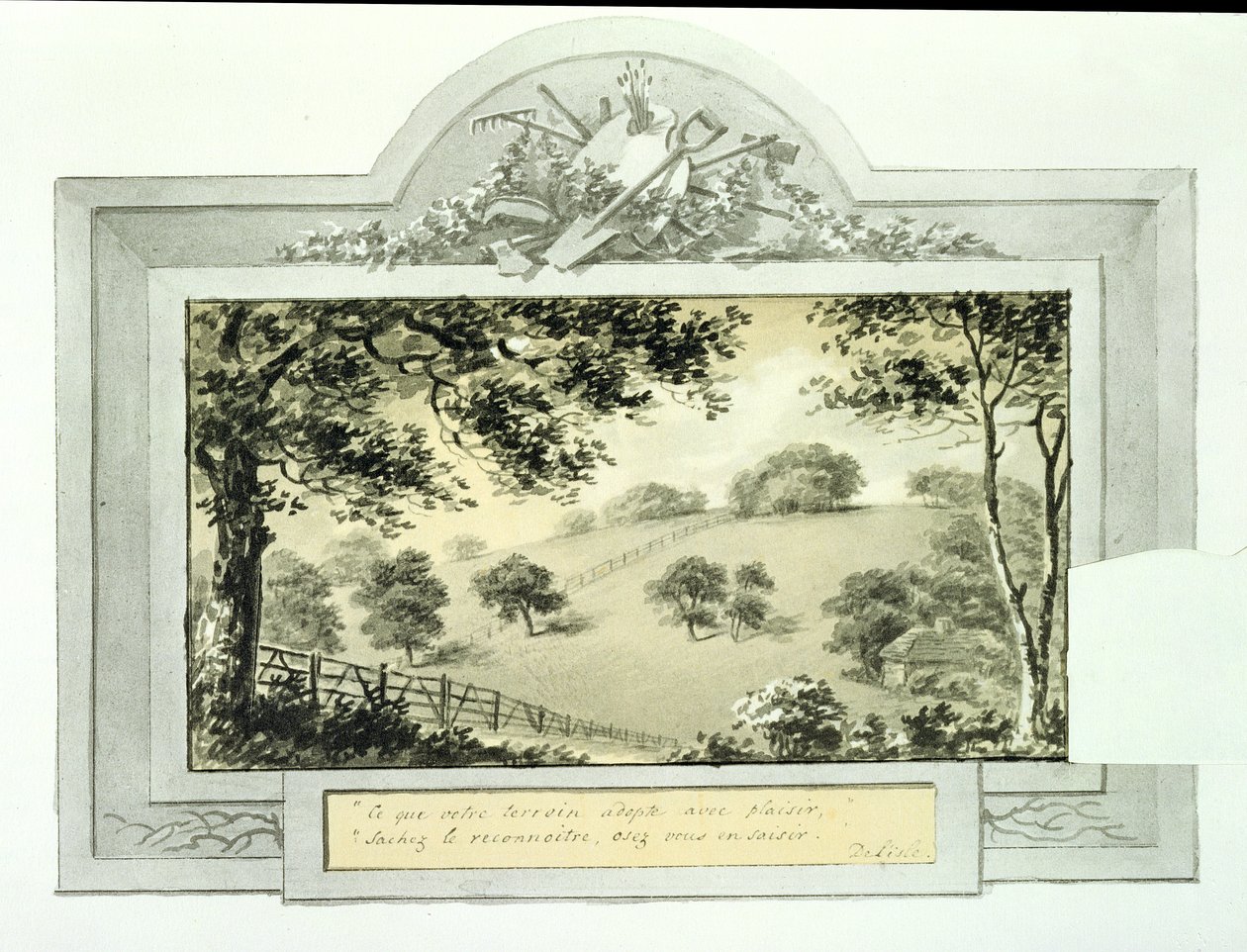 "Antes" da vista do terreno, do Livro Vermelho de Antony House, c.1812 (tinta sobre papel) (ver 170691 para a visão "depois") de Humphry Repton