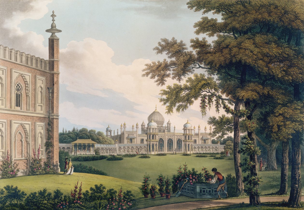 Pavilhão de Brighton mostrando jardins, gravados por Joseph Constantine Stadler de Humphry Repton