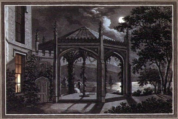 Pavilhão e Estufa para uma Mansão Gótica, de "Observações sobre a Teoria e Prática da Jardinagem Paisagística", pub. 1802 (cor litho) de Humphry Repton