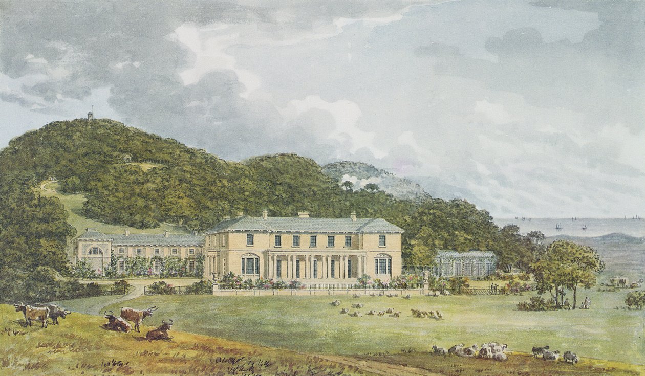 Frente Sul com frente para o oeste em perspectiva, do Livro Vermelho para a Casa dos Antigos, c.1812 de Humphry Repton