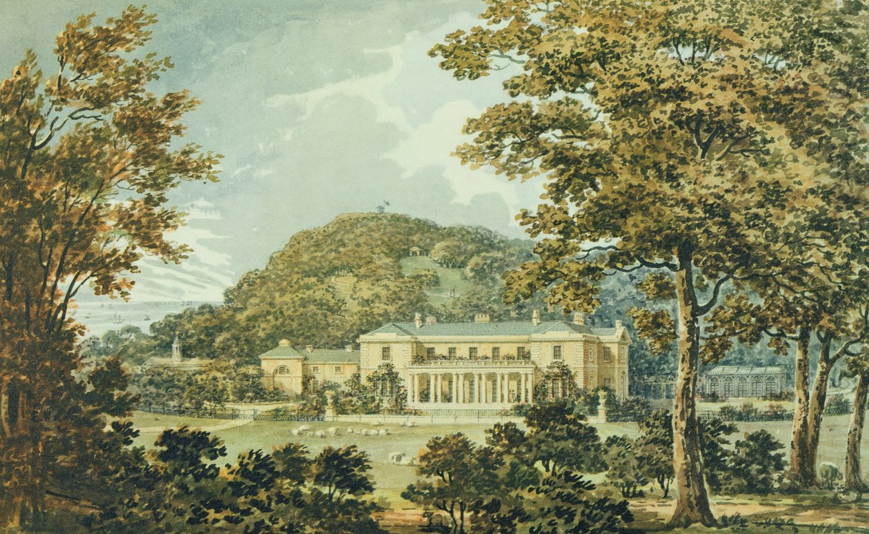 A frente sul com frente oriental em perspectiva, do Livro Vermelho para a Casa dos Antigos, c.1812 de Humphry Repton