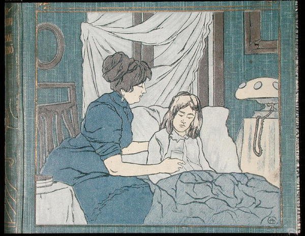 Uma mãe cuidando de sua filha doente, da capa de um livro de medicina de família, c.1900 (cor litho) de Hungarian School