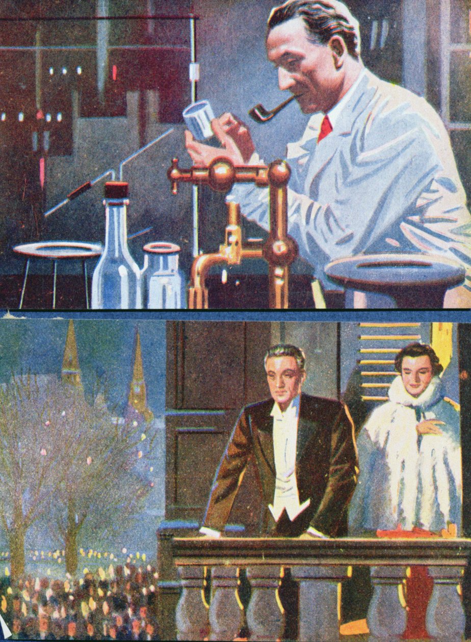 Albert von Szent-Gyorgyi (1893-96) em seu laboratório e celebrando sua vitória no Prêmio Nobel em 1937 de Hungarian School